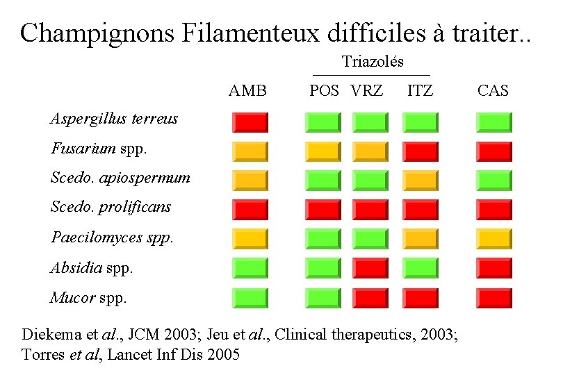 Champignons Filamenteux difficiles à traiter. . Triazolés AMB POS VRZ ITZ Aspergillus terreus Fusarium