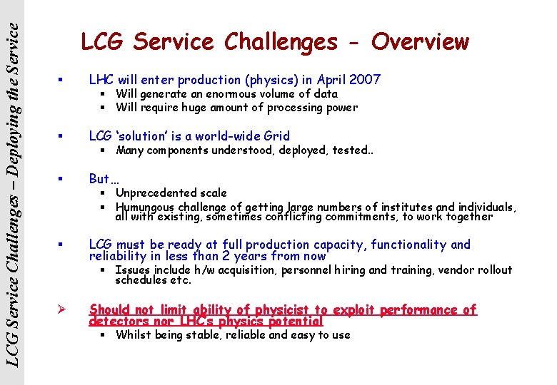LCG Service Challenges – Deploying the Service LCG Service Challenges - Overview § LHC