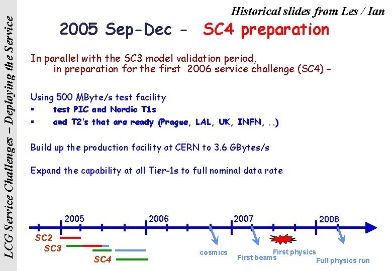 LCG Service Challenges – Deploying the Service Historical slides from Les / Ian 2005