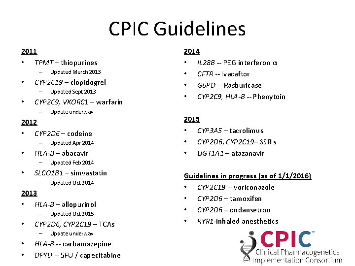 CPIC Guidelines 2011 • TPMT – thiopurines – • CYP 2 C 19 –