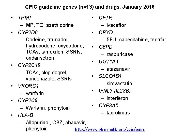 CPIC guideline genes (n=13) and drugs, January 2016 • TPMT • CFTR – MP,