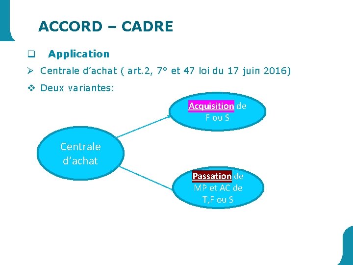 ACCORD – CADRE q Application Ø Centrale d’achat ( art. 2, 7° et 47