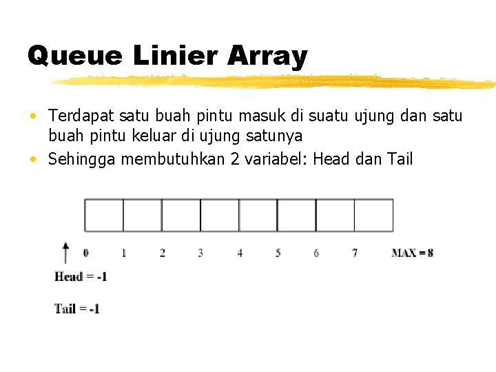 Queue Linier Array • Terdapat satu buah pintu masuk di suatu ujung dan satu Queue Linier Array • Terdapat satu buah pintu masuk di suatu ujung dan satu