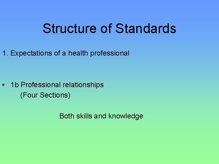 Structure of Standards 1. Expectations of a health professional • 1 b Professional relationships