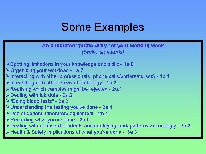 Some Examples An annotated “photo diary” of your working week (twelve standards) ØSpotting limitations