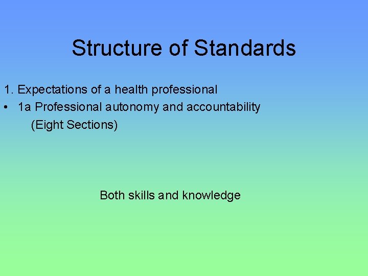 Structure of Standards 1. Expectations of a health professional • 1 a Professional autonomy