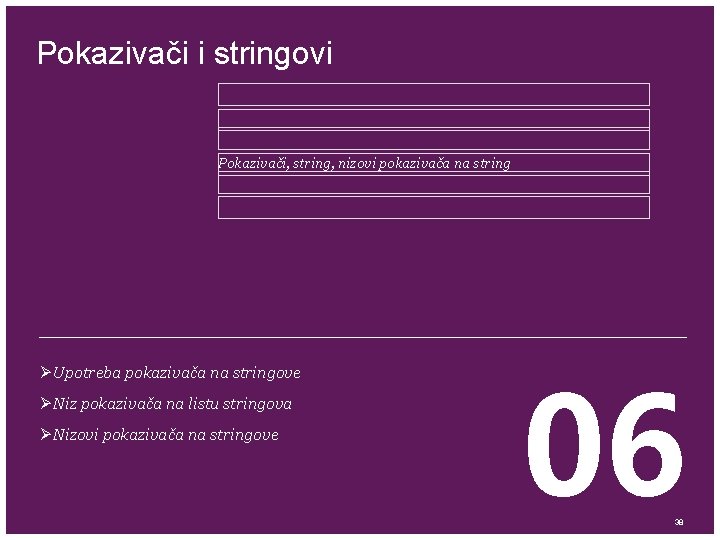 Pokazivači i stringovi Pokazivači, string, nizovi pokazivača na string ØUpotreba pokazivača na stringove ØNiz