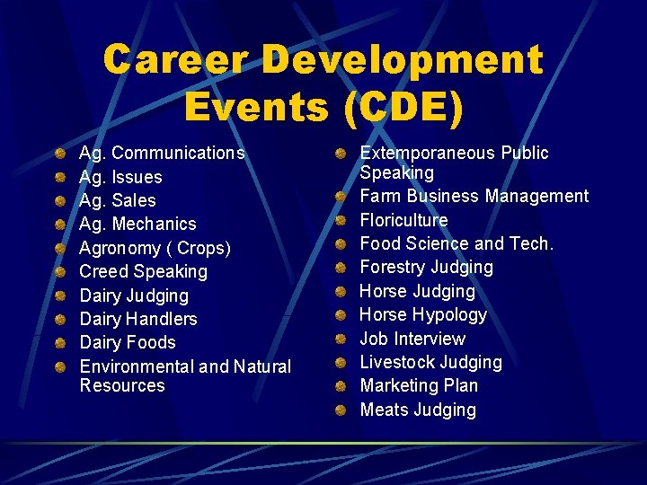 Career Development Events (CDE) Ag. Communications Ag. Issues Ag. Sales Ag. Mechanics Agronomy (