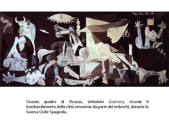 Questo quadro di Picasso, intitolato Guernica, ricorda il bombardamento della città omonima da parte