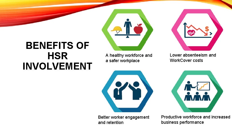 BENEFITS OF HSR INVOLVEMENT A healthy workforce and a safer workplace Better worker engagement