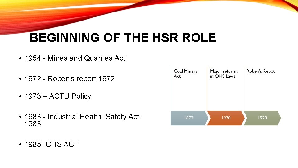 BEGINNING OF THE HSR ROLE • 1954 - Mines and Quarries Act • 1972