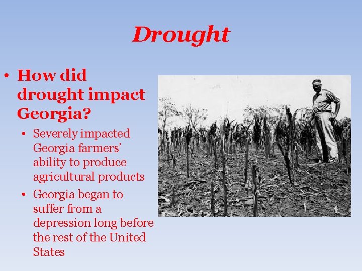Drought • How did drought impact Georgia? • Severely impacted Georgia farmers’ ability to