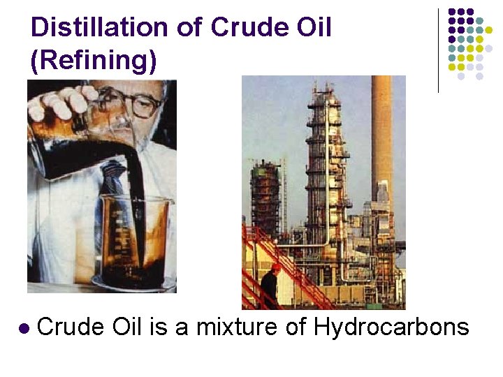 Distillation of Crude Oil (Refining) l Crude Oil is a mixture of Hydrocarbons Distillation of Crude Oil (Refining) l Crude Oil is a mixture of Hydrocarbons