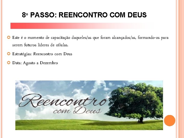 8º PASSO: REENCONTRO COM DEUS Este é o momento de capacitação daqueles/as que foram