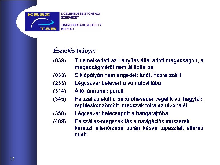 Észlelés hiánya: (039) (033) (233) (314) (345) (358) (489) 13 Túlemelkedett az irányítás által