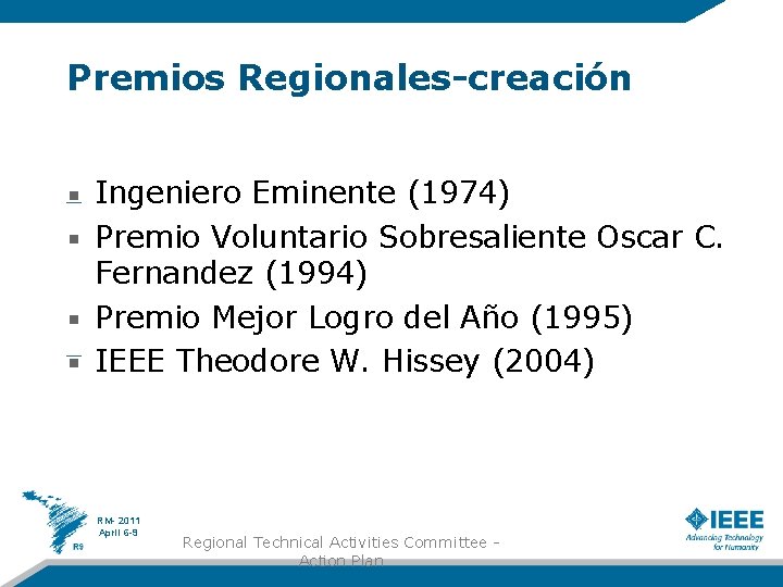 Premios Regionales-creación Ingeniero Eminente (1974) Premio Voluntario Sobresaliente Oscar C. Fernandez (1994) Premio Mejor