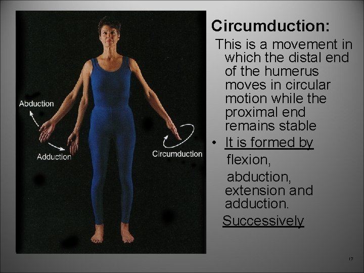 Circumduction: This is a movement in which the distal end of the humerus moves