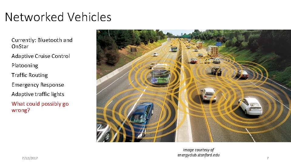 Networked Vehicles Currently: Bluetooth and On. Star Adaptive Cruise Control Platooning Traffic Routing Emergency