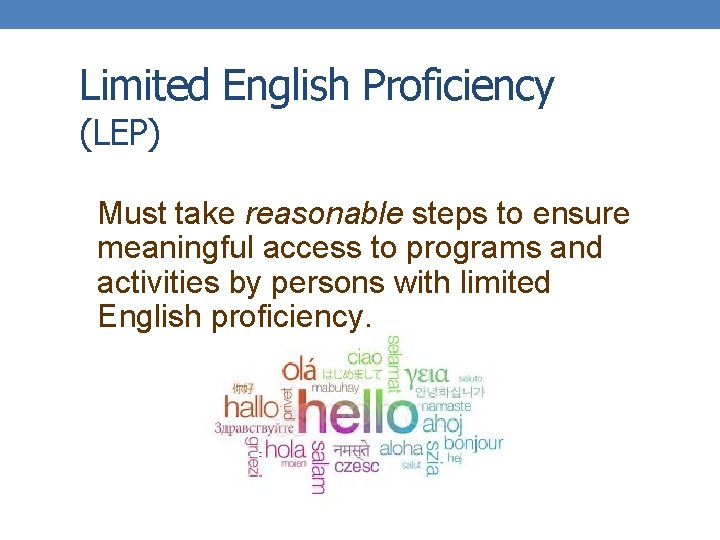 Limited English Proficiency (LEP) Must take reasonable steps to ensure meaningful access to programs