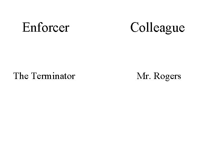 Enforcer Colleague The Terminator Mr. Rogers 