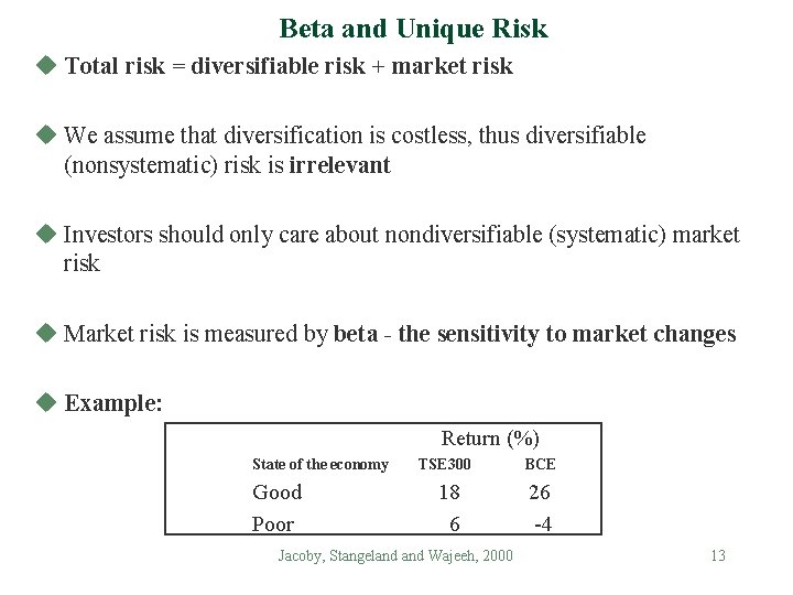 Beta and Unique Risk u Total risk = diversifiable risk + market risk u