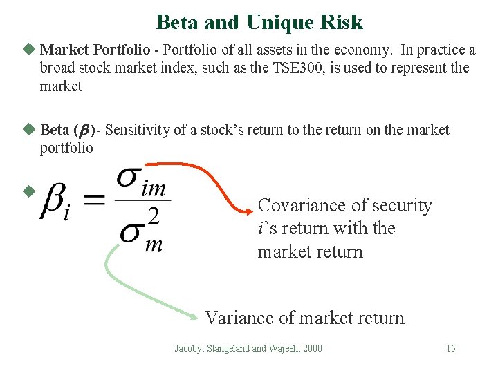 Beta and Unique Risk u Market Portfolio - Portfolio of all assets in the