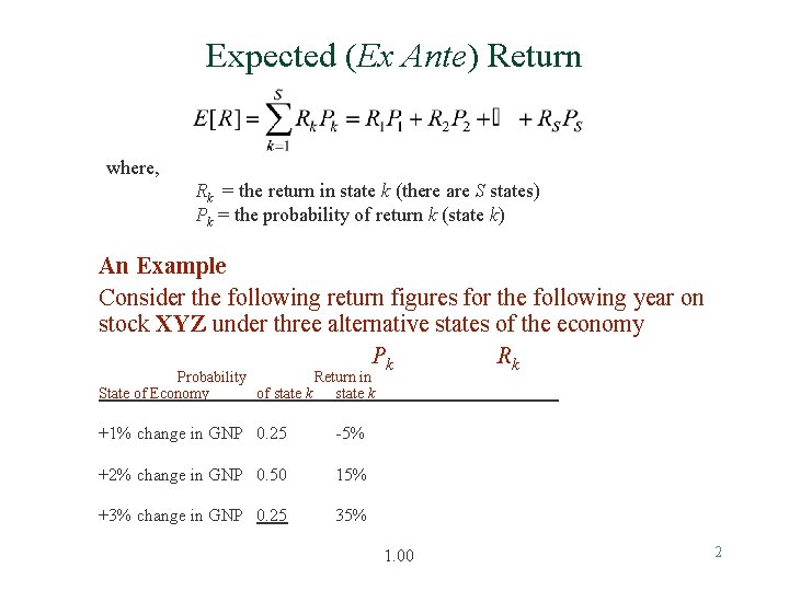 Expected (Ex Ante) Return where, Rk = the return in state k (there are