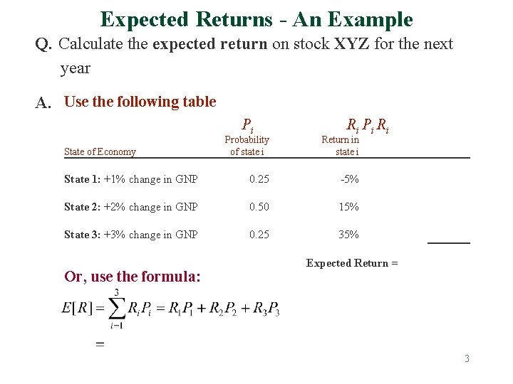 Expected Returns - An Example Q. Calculate the expected return on stock XYZ for