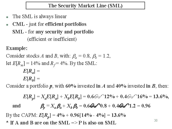 The Security Market Line (SML) u u The SML is always linear CML -