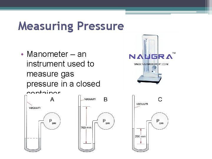 Measuring Pressure • Manometer – an instrument used to measure gas pressure in a