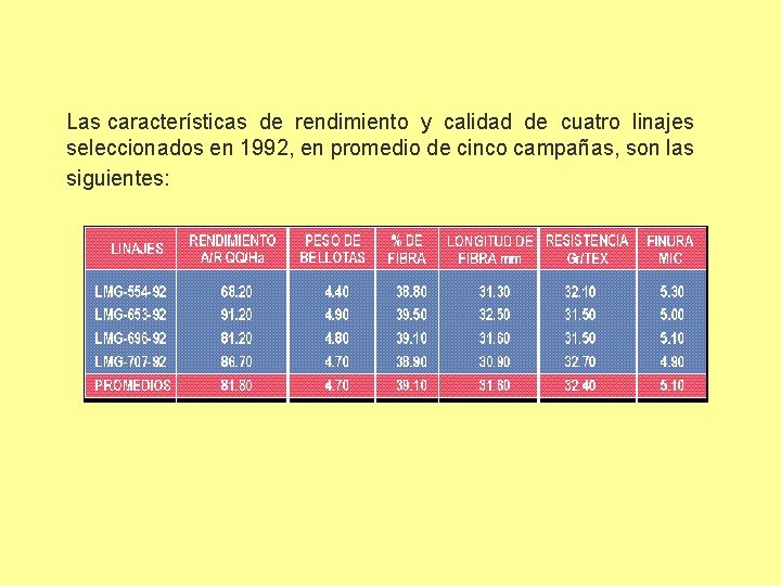 Las características de rendimiento y calidad de cuatro linajes seleccionados en 1992, en promedio