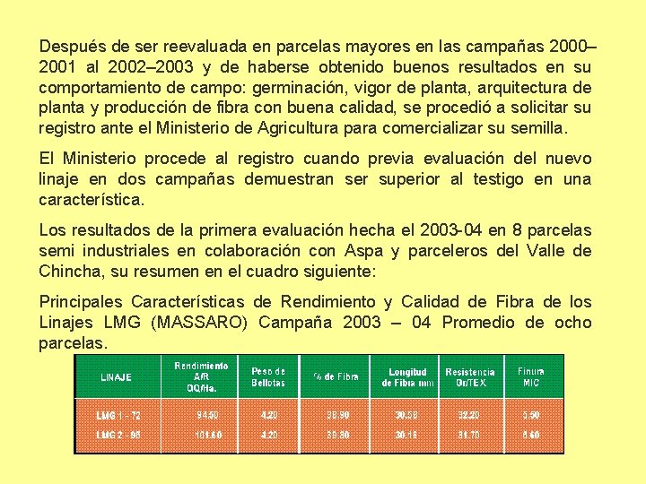 Después de ser reevaluada en parcelas mayores en las campañas 2000– 2001 al 2002–