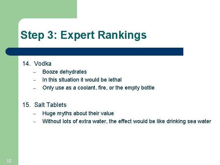 Step 3: Expert Rankings 14. Vodka – – – Booze dehydrates In this situation