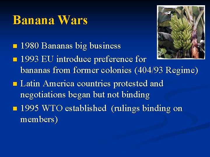 Banana Wars 1980 Bananas big business n 1993 EU introduce preference for bananas from