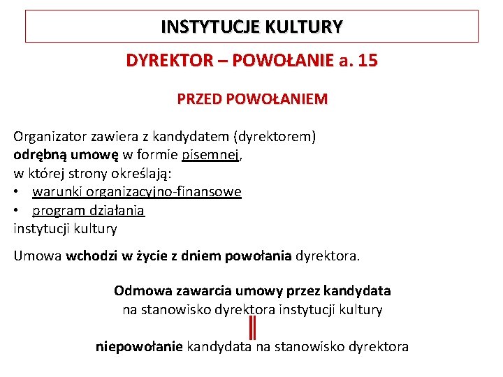 INSTYTUCJE KULTURY DYREKTOR – POWOŁANIE a. 15 PRZED POWOŁANIEM Organizator zawiera z kandydatem (dyrektorem)