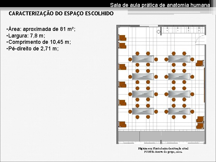 Sala de aula prática de anatomia humana CARACTERIZAÇÃO DO ESPAÇO ESCOLHIDO • Área: aproximada