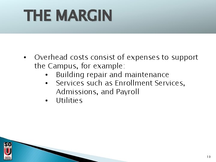 THE MARGIN • Overhead costs consist of expenses to support the Campus, for example:
