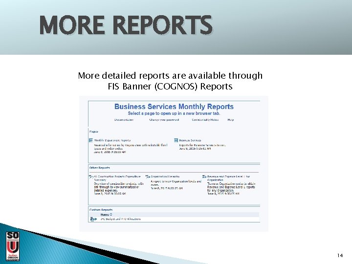 MORE REPORTS More detailed reports are available through FIS Banner (COGNOS) Reports 14 