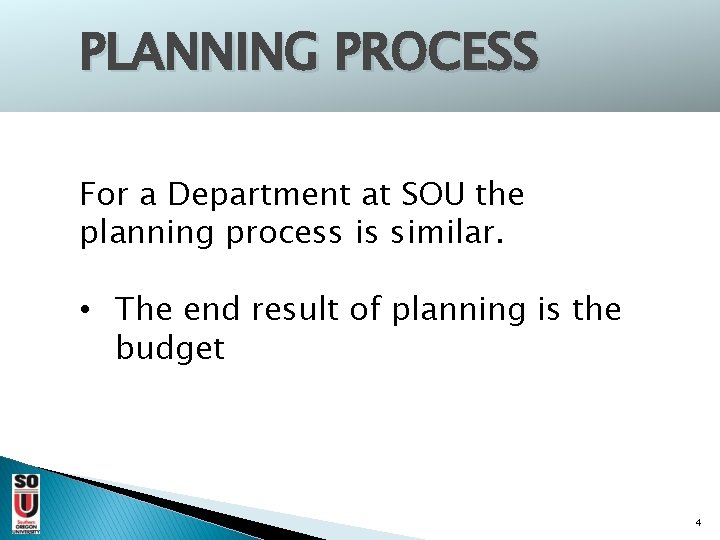 PLANNING PROCESS For a Department at SOU the planning process is similar. • The