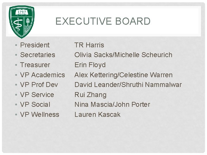 EXECUTIVE BOARD • • President Secretaries Treasurer VP Academics VP Prof Dev VP Service