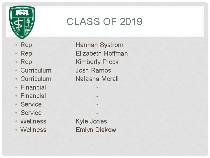 CLASS OF 2019 • • • Rep Rep Curriculum Financial Service Wellness Hannah Systrom