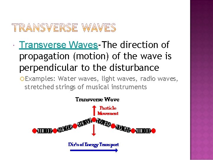  Transverse Waves-The direction of propagation (motion) of the wave is perpendicular to the