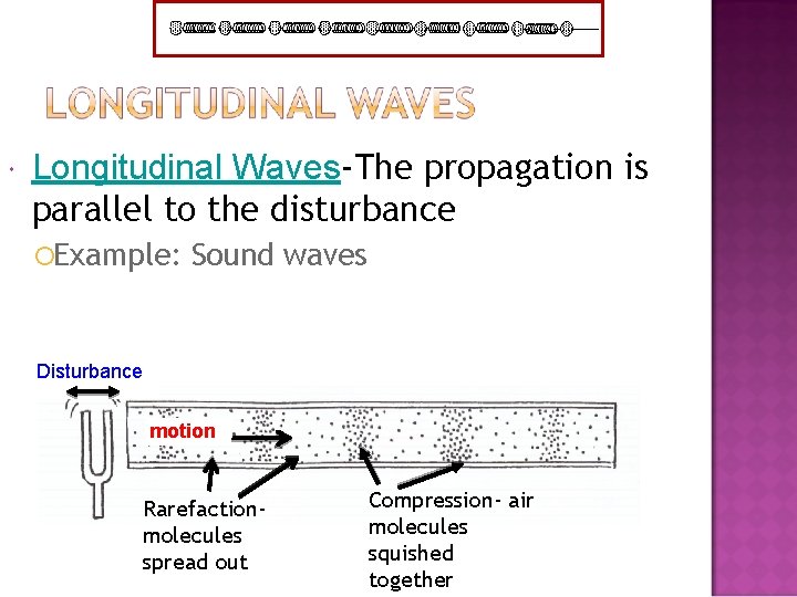  Longitudinal Waves-The propagation is parallel to the disturbance ¡Example: Sound waves Disturbance motion