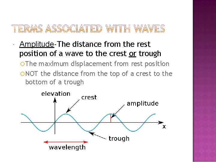  Amplitude-The distance from the rest position of a wave to the crest or