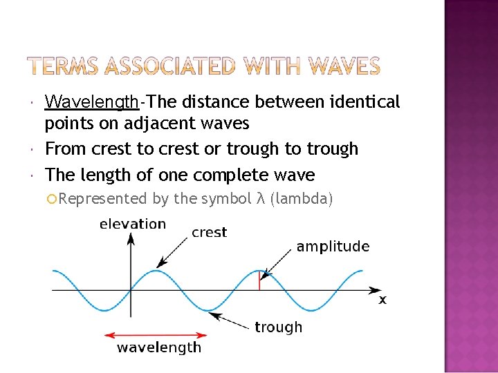  Wavelength-The distance between identical points on adjacent waves From crest to crest or