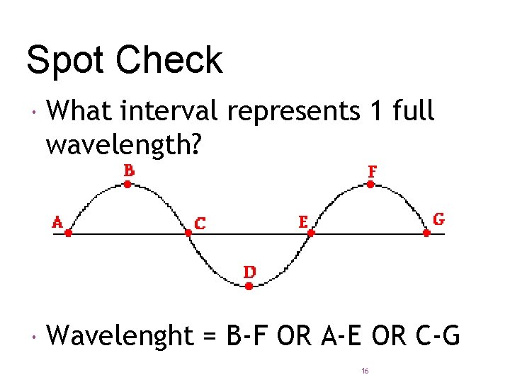 Spot Check What interval represents 1 full wavelength? Wavelenght = B-F OR A-E OR