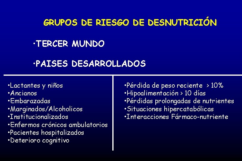 GRUPOS DE RIESGO DE DESNUTRICIÓN • TERCER MUNDO • PAISES DESARROLLADOS • Lactantes y