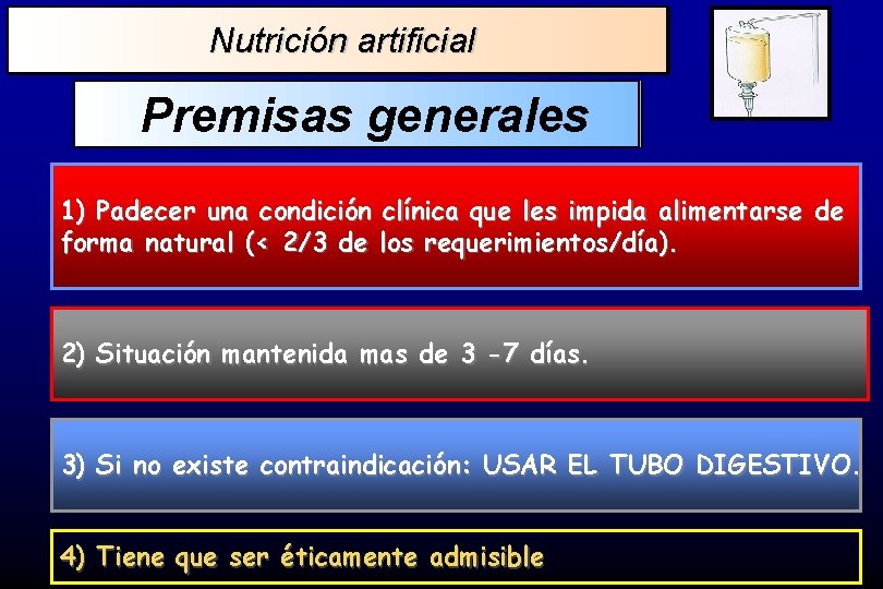 Nutrición artificial Premisas generales 1) Padecer una condición clínica que les impida alimentarse de