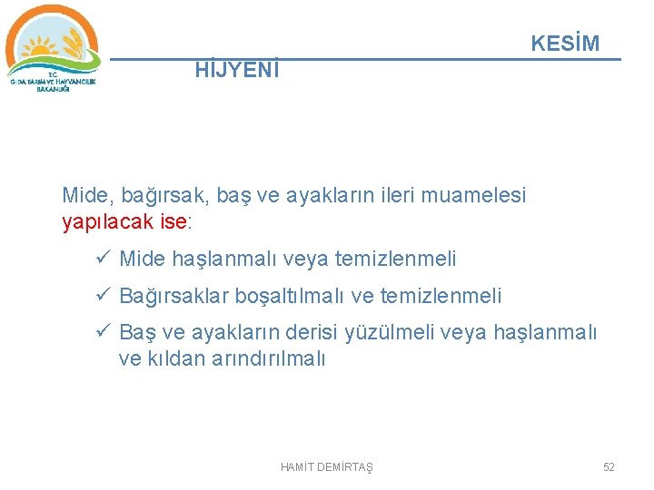 KESİM HİJYENİ Mide, bağırsak, baş ve ayakların ileri muamelesi yapılacak ise: ü Mide haşlanmalı