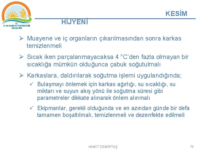 KESİM HİJYENİ Ø Muayene ve iç organların çıkarılmasından sonra karkas temizlenmeli Ø Sıcak iken